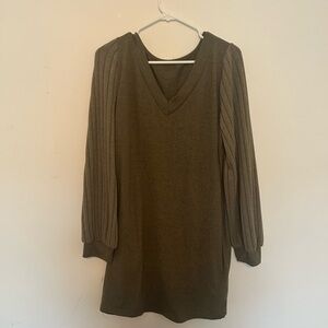 Olive Green V-Neck Sweater Dress with Ribbed Puff Sleeves